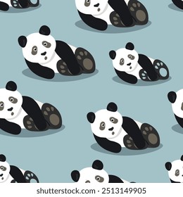 Seamless pattern with cute panda baby on color background. Funny asian animals. Card, postcards for kids. Flat vector illustration for fabric, textile, wallpaper, poster, gift wrapping paper.