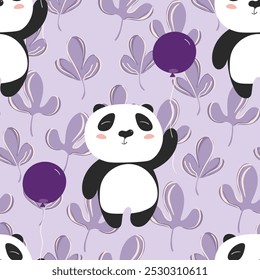 Seamless pattern with cute panda baby on color background. Funny asian animals. Card, postcards for kids. Flat vector illustration for fabric, textile, wallpaper, poster, gift wrapping paper.