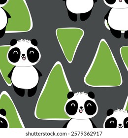 Seamless pattern with cute panda baby on color background. Funny asian animals. Card, postcards for kids. Flat vector illustration for fabric, textile, wallpaper, poster, gift wrapping paper.