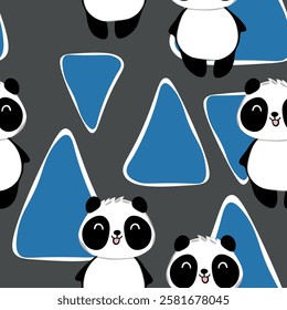 Seamless pattern with cute panda baby on color background. Funny asian animals. Card, postcards for kids. Flat vector illustration for fabric, textile, wallpaper, poster, gift wrapping paper.
