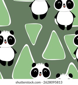 Seamless pattern with cute panda baby on color background. Funny asian animals. Card, postcards for kids. Flat vector illustration for fabric, textile, wallpaper, poster, gift wrapping paper.