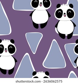 Seamless pattern with cute panda baby on color background. Funny asian animals. Card, postcards for kids. Flat vector illustration for fabric, textile, wallpaper, poster, gift wrapping paper.