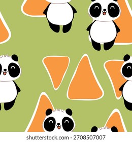 Patrón sin fisuras con el bebé lindo del panda en el fondo del color. Divertidos animales asiáticos. Tarjeta, postales para niños. Ilustración vectorial plana para tela, textil, Fondo de pantalla, póster, papel de regalo.