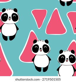 Nahtloses Muster mit niedlichem Panda-Baby auf farbigem Hintergrund. Lustige asiatische Tiere. Karte, Postkarten für Kinder. Flache Vektorgrafik für Stoff, Textil, Tapete, Poster, Geschenkpapier.