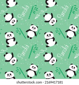 Seamless pattern, cute panda with bamboo, panda lettering.