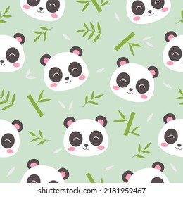 Seamless pattern cute panda and bamboo with green background. Vector hand drawn illustration.