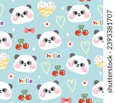 Seamless pattern of cute panda bear face with cute icon on blue pastel background.Wild animal character cartoon design.Cherry,heart,donut,flower,hello word hand drawn.Kawaii.Vector.Illustration.