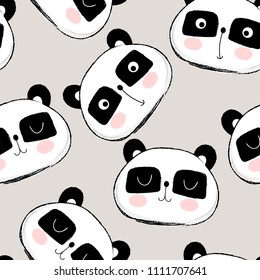 Seamless pattern with cute panda bear face on beige background. Vector illustration for children.