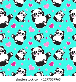 Seamless pattern with cute panda bear and hearts. Funny children's background, print, gift wrap.