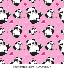 Seamless pattern with cute panda bear and hearts. Funny children's background, print, gift wrap.