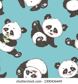 Seamless pattern with cute panda bear. Hand drawn vector illustration.