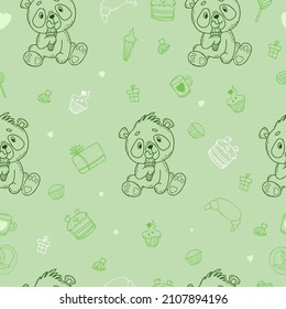 Seamless pattern with cute panda. bear with sweet tooth licks ice cream on light green background with sweets, cake and gifts. Vector illustration. Linear drawing in hand doodle style