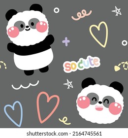 Seamless pattern of cute panda bear on gray background.Heart,star,text handwritten.Baby clothing.Kid graphic design.Kawaii.Vector.Illustration.