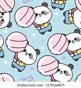 Seamless pattern of cute panda bear hold big candy on blue background.Animal character cartoon design.Kawaii.Vector.Illustration.