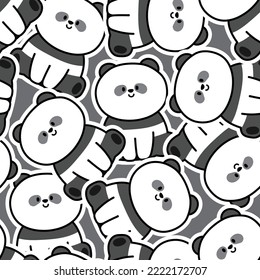 Seamless pattern of cute panda bear sit sticker cartoon background.Chinese animal hand drawn.Smile face.Image for card,poster,baby clothing.Kawaii.Vector.Illustration.