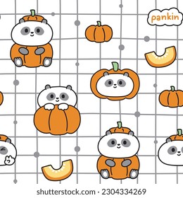 Seamless pattern of cute panda bear in pumpkin costume cartoon on white backgorund.Wild animal character design.Vegetable.Halloween.Kawaii.Vector.Illustration.