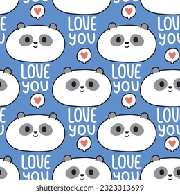 Patrón inmaculado de la cara de un lindo oso panda con el fondo del texto del amor. Diseño de dibujos animados de carácter animal salvaje. Ropa para bebés. Kawaii.Vector.Ilustración.