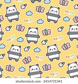 Seamless pattern of cute panda bear with tiny icon on yellow background.Butterfly,flower,leaf,cloud,happy word hand drawn.Wild animal character cartoon desing.Kawaii.Vector.Illustration.