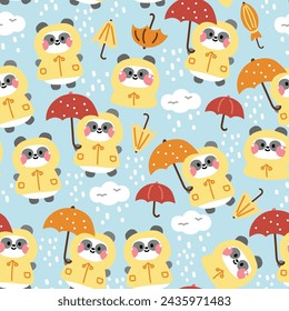 Seamless pattern of cute panda bear wear raincoat with umbrella and cloud background.Chinese animal character cartoon design.Image for card,poster,baby clothing.Rainy season.Kawaii.Vector.Illustration