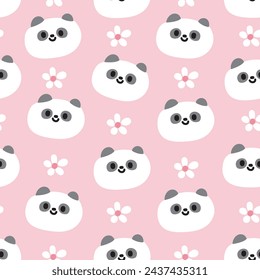 Patrón sin fisuras de la cara linda del oso panda con el icono diminuto de la flor en el fondo rosado. Diseño de dibujos animados del personaje salvaje chino. Pantalla de impresión de ropa.