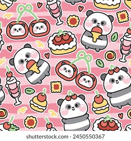 Seamless pattern of cute panda bear various poses in cherry bakery background.Chinese wild animal character cartoon design.Ice cream,cake,cookies,pie,heart,fruit drawn.Kawaii.Vector.