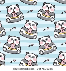 Seamless pattern of cute panda bear hold jelly with heart icon background.Wild animal character cartoon design.Image for card,Print screen clothing.Kawaii.Vector.Illustration.