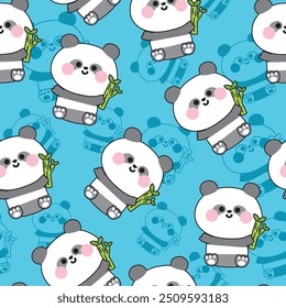 Patrón sin fisuras lindo oso panda sentarse y sostener el bambú en la línea de fondo. Diseño de dibujos animados de animales salvajes chinos. Kawaii. Vector. Ilustración.