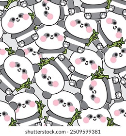 Patrón sin fisuras lindo oso panda sentarse y sostener el fondo de la etiqueta engomada de bambú. Diseño de dibujos animados de animales salvajes chinos. Kawaii. Vector.