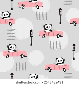 Patrón sin fisuras con lindo oso panda en el coche. Ilustración vectorial para niños