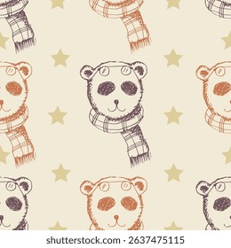 Seamless pattern with cute panda bear in scarf. Vector illustration.