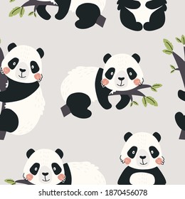 Seamless pattern with cute Panda bears isolated on a colored background. Vector illustration in a modern cartoon style, for printing on packaging paper, postcard, poster, banner, clothing.