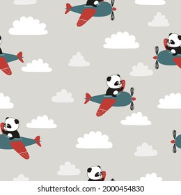 Seamless pattern with cute panda bears on planes. Baby print with cartoon pilots.