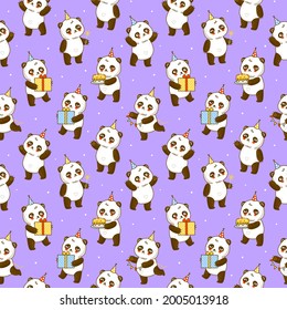 Seamless pattern with cute panda bears  on purple - cartoon background for happy Birrthday wrapping design