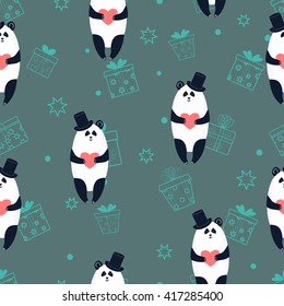 Seamless pattern with cute panda bears holding hearts. Romantic vector background. 