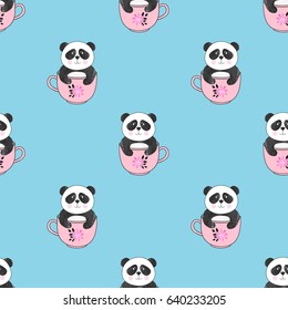 Seamless pattern with cute panda bears in cups. Vector background for kids design.