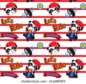 Seamless pattern. Cute panda boy wearing red hat on scooter on striped background illustration vector.