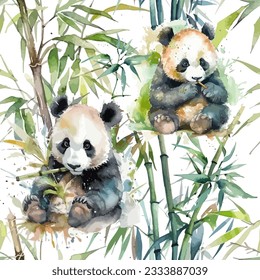 Seamless pattern cute panda and cane. Watercolor background. Vector illustration