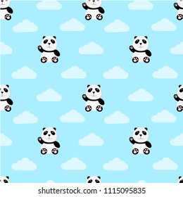 Seamless pattern cute panda cartoon sit and wave his hand with clouds