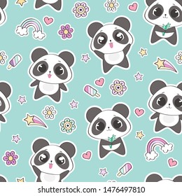 Seamless pattern with cute panda character, vector illustration