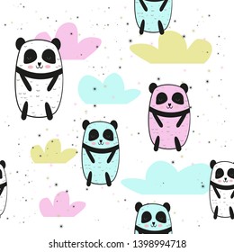 Seamless pattern with cute panda , clouds and stars. childish pattern for fabric