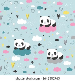 Seamless pattern with cute panda and clouds .Vector illustration .Fairyland.