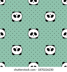Seamless pattern with cute panda face and red hearts on a white background with black polka dots. Modern pattern. Created with love. Vector.