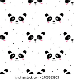 Seamless pattern with cute panda face on white background. Funny asian animals. Card, postcards for kids. Flat vector illustration for fabric, textile, wallpaper, poster, gift wrapping paper.