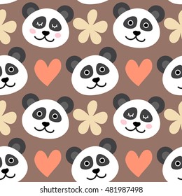 Seamless pattern with cute panda face, hearts and flowers