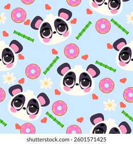 Seamless pattern with cute panda faces, bamboo sticks, donuts, hearts, and flowers on a light blue background. Perfect for kids' fabrics, wallpapers, gift wrapping, and digital designs