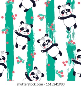 Seamless pattern with cute panda with fruits on striped background. Printable texture. Background for card, banner, flyer, fabric print. Vector Illustration