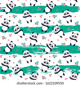 Seamless pattern with cute panda with fruits on striped background. Printable texture. Background for card, banner, flyer, fabric print. Vector Illustration
