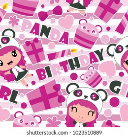 Seamless pattern of cute panda girl, gift, and cupcake on striped background vector cartoon illustration for Birthday wrapping paper, kid fabric clothes, and wallpaper