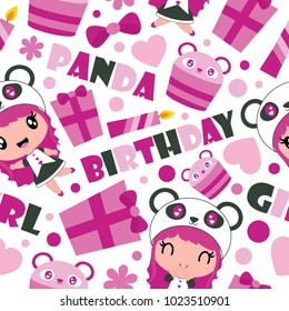 Seamless pattern of cute panda girl, gift, and cupcake vector cartoon illustration for Birthday wrapping paper, kid fabric clothes, and wallpaper