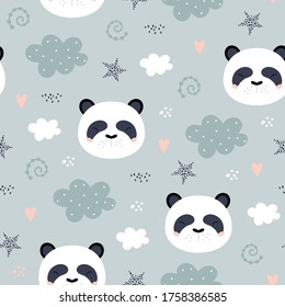 Seamless pattern with cute panda.  Great for kids apparel, nursery decoration. Vector Illustration